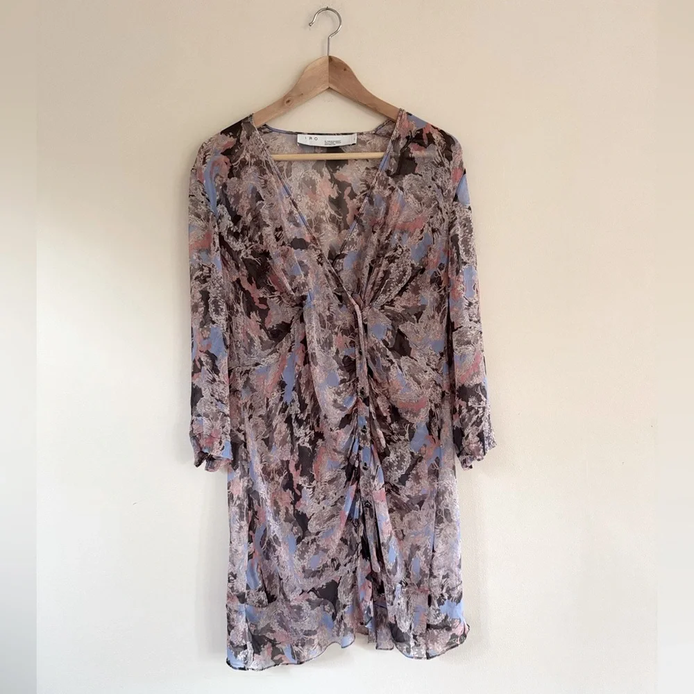 IRO Paris‎ Silk Chiffon Sheer Abstract Print Ruched Button Dress Size 44